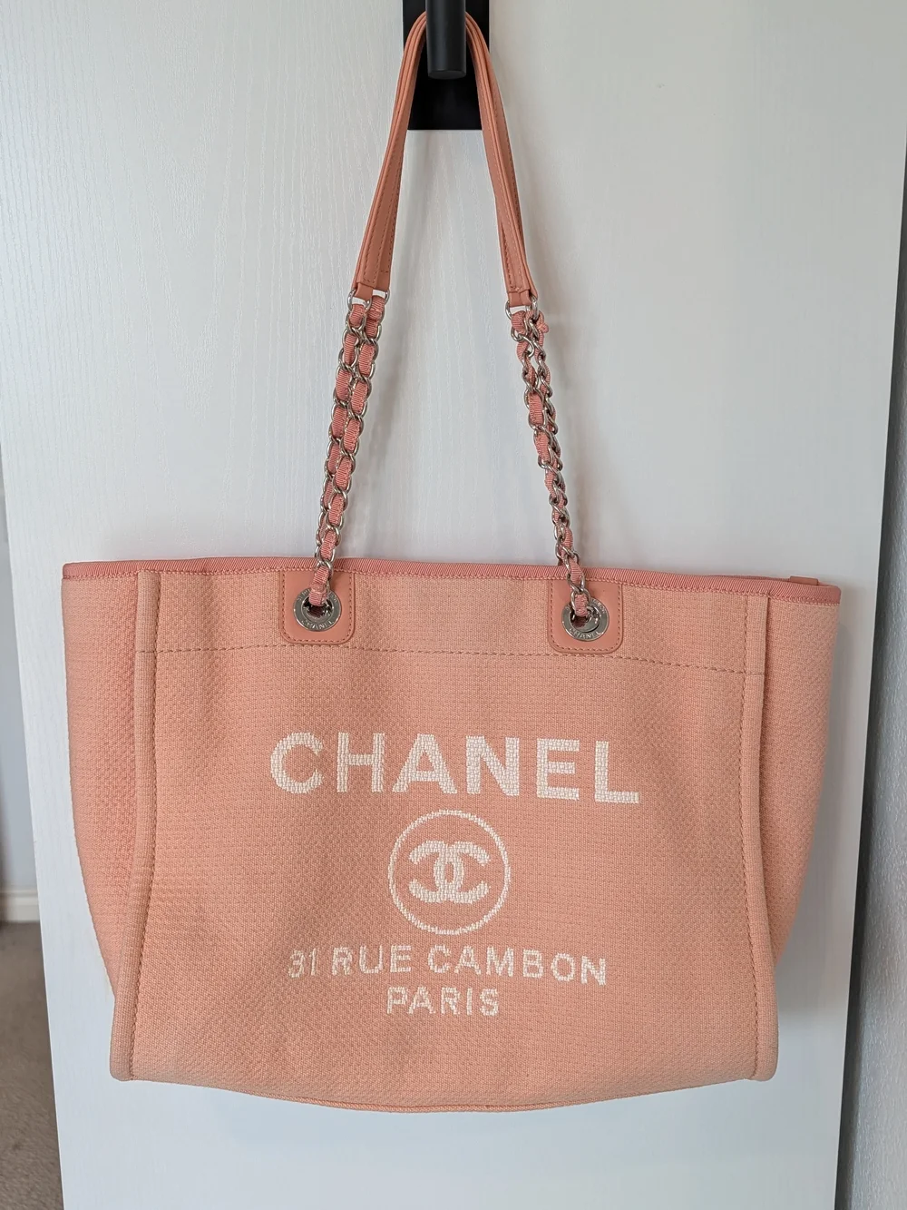 CHANEL Deauville Peach Chain-Handle Logo Tote
